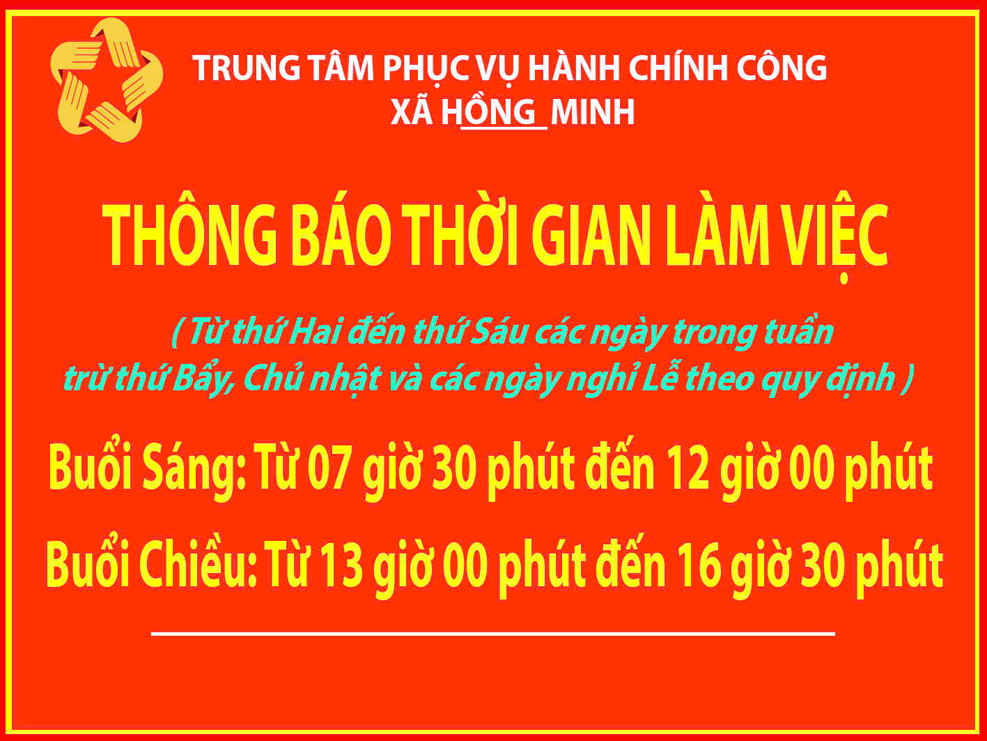 Thông báo về thời gian làm việc của UBND xã Hồng Minh